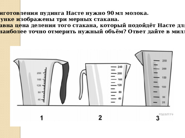 Для приготовления пудинга Насте нужно 90 мл молока.  На рисунке изображены три мерных стакана. Чему равна цена деления того стакана, который подойдёт Насте для того, чтобы наиболее точно отмерить нужный объём? Ответ дайте в миллилитрах.  