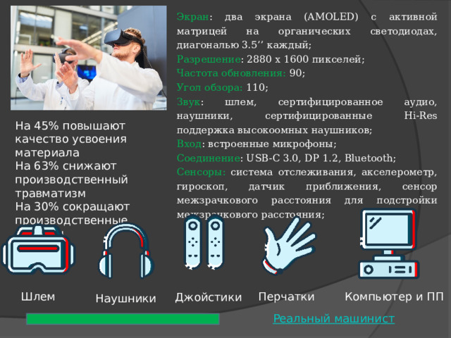 Экран : два экрана (AMOLED) с активной матрицей на органических светодиодах, диагональю 3.5’’ каждый; Разрешение : 2880 x 1600 пикселей; Частота обновления: 90; Угол обзора: 110; Звук : шлем, сертифицированное аудио, наушники, сертифицированные Hi-Res поддержка высокоомных наушников; Вход : встроенные микрофоны; Соединение : USB-C 3.0, DP 1.2, Bluetooth; Сенсоры: система отслеживания, акселерометр, гироскоп, датчик приближения, сенсор межзрачкового расстояния для подстройки межзрачкового расстояния; На 45% повышают качество усвоения материала На 63% снижают производственный травматизм На 30% сокращают производственные затраты Компьютер и ПП Перчатки Шлем Джойстики Наушники 