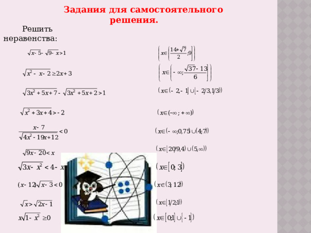 Задания для самостоятельного решения. Решить неравенства: 