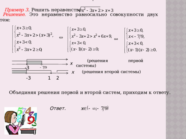 - Пример 3 . Решить неравенство Решение.  Это неравенство равносильно совокупности двух систем:   (решения первой системы) х -3 (решения второй системы) х -3 2 1 Объединяя решения первой и второй систем, приходим к ответу. Ответ.  