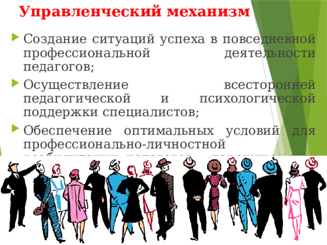 Управленческий механизм Создание ситуаций успеха в повседневной профессиональной деятельности педагогов; Осуществление всесторонней педагогической и психологической поддержки специалистов; Обеспечение оптимальных условий для профессионально-личностной реабилитации педагогов, переживающих «тройной кризис» (возрастной, социокультурный, профессиональный). 