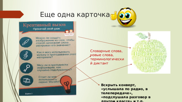 Еще одна карточка Словарные слова, новые слова, терминологический диктант Вскрыть конверт, «услышала по радио, в телепередаче», «подслушала разговор в другом классе» и т.п. 