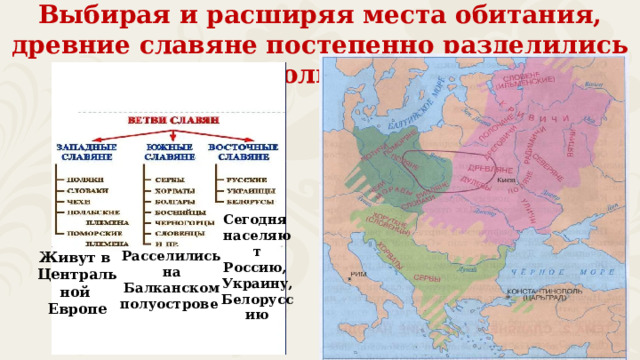 Выбирая и расширяя места обитания, древние славяне постепенно разделились на три большие ветви. Сегодня населяют Россию, Украину, Белоруссию Расселились на Балканском полуострове Живут в Центральной Европе 