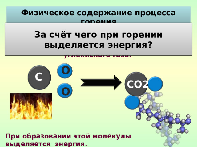 Физическое содержание процесса горения  За счёт чего при горении выделяется энергия?   При горении топлива (угля, нефти, газа, сланцев) один атом углерода соединяется с двумя атомами кислорода - образуется молекула углекислого газа.          При образовании этой молекулы  выделяется   энергия.  О С СО2 О 