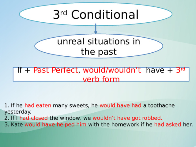 3 rd Conditional unreal situations in the past If + Past Perfect , would/wouldn’t have + 3 rd verb form   1. If he had eaten many sweets, he would have had a toothache yesterday.  2. If I had closed the window, we wouldn’t have got robbed.  3. Kate would have helped him with the homework if he had asked her.    