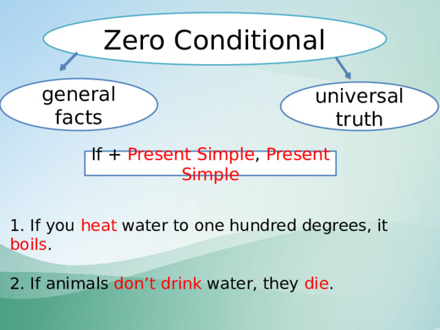 Zero Conditional general facts universal truth If + Present Simple , Present Simple  1. If you heat water to one hundred degrees, it boils .   2. If animals don’t drink water, they die .   