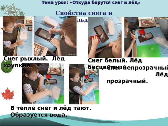 Тема урок: «Откуда берутся снег и лёд» Свойства снега и льда Снег рыхлый. Лёд хрупкий. Снег белый. Лёд бесцветный. Снег непрозрачный. Лёд прозрачный. В тепле снег и лёд тают. Образуется вода. 