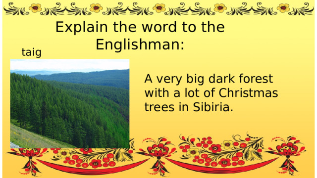 Explain the word to the Englishman: taiga A very big dark forest with a lot of Christmas trees in Sibiria. 