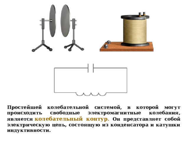 Простейшей колебательной системой, в которой могут происходить свободные электромагнитные колебания, является  колебательный контур . Он представляет собой электрическую цепь, состоящую из конденсатора и катушки индуктивности. 