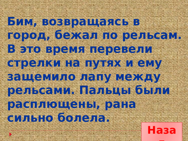 Бим, возвращаясь в город, бежал по рельсам. В это время перевели стрелки на путях и ему защемило лапу между рельсами. Пальцы были расплющены, рана сильно болела. Назад 