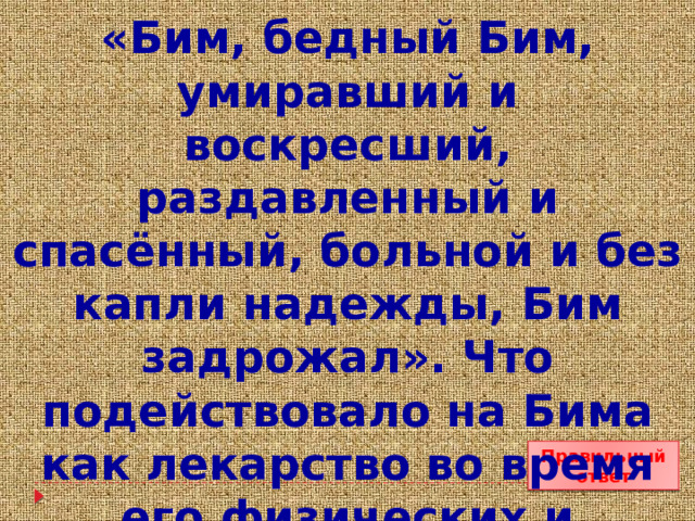 «Бим, бедный Бим, умиравший и воскресший, раздавленный и спасённый, больной и без капли надежды, Бим задрожал». Что подействовало на Бима как лекарство во время его физических и душевных страданий? Правильный ответ 