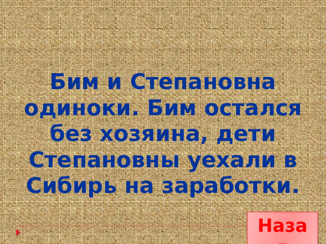 Бим и Степановна одиноки. Бим остался без хозяина, дети Степановны уехали в Сибирь на заработки. Назад 