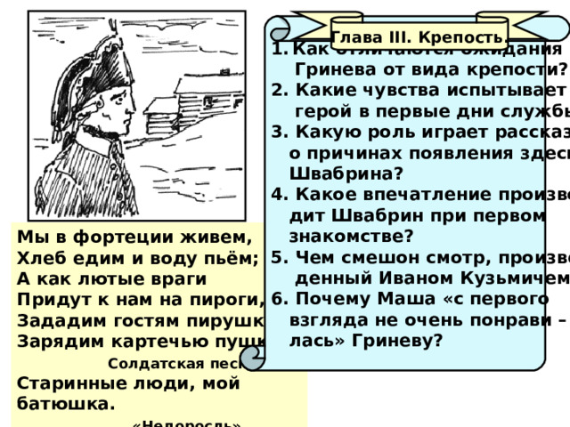 Глава III . Крепость. Как отличаются ожидания  Гринева от вида крепости? 2. Какие чувства испытывает  герой в первые дни службы? 3. Какую роль играет рассказ  о причинах появления здесь  Швабрина? 4. Какое впечатление произво-  дит Швабрин при первом  знакомстве? 5. Чем смешон смотр, произве-  денный Иваном Кузьмичем? 6. Почему Маша «с первого  взгляда не очень понрави –  лась» Гриневу? Мы в фортеции живем, Хлеб едим и воду пьём; А как лютые враги Придут к нам на пироги, Зададим гостям пирушку: Зарядим картечью пушку.  Солдатская песня Старинные люди, мой батюшка.  «Недоросль» 