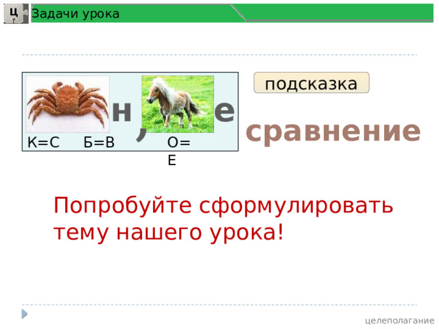 Задачи урока Ц подсказка е н , сравнение К=С Б=В О=Е Попробуйте сформулировать тему нашего урока!  целеполагание 3 