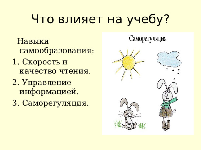 Что влияет на учебу?  Навыки самообразования: 1. Скорость и качество чтения. 2. Управление информацией. 3. Саморегуляция. 