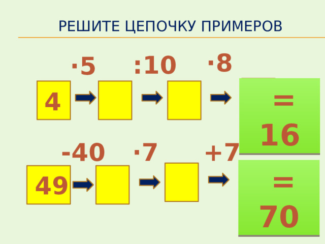 Решите цепочку примеров  ·8  :10  ·5  = 16  4 -40  ·7  +7  = 70  49 