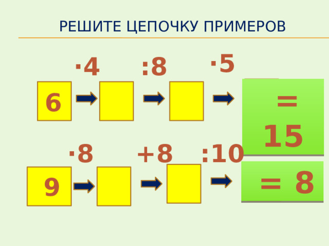 Решите цепочку примеров  ·5  :8  ·4  = 15  6  +8  :10 ·8  = 8  9 