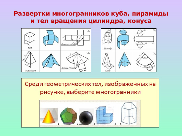 Развертки многогранников куба, пирамиды и тел вращения цилиндра, конуса 
