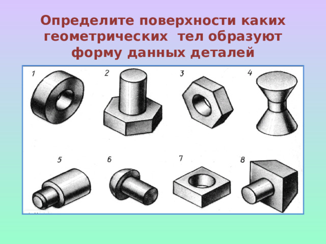 Определите поверхности каких геометрических тел образуют форму данных деталей 