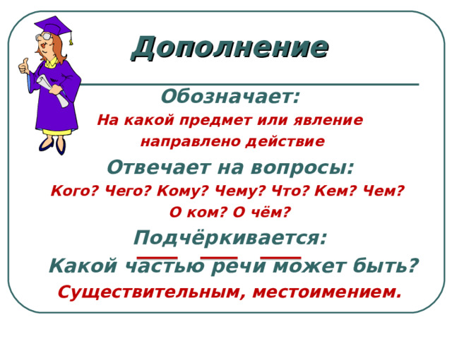 Дополнение Обозначает: На какой предмет или явление  направлено действие Отвечает на вопросы: Кого? Чего? Кому? Чему? Что? Кем? Чем? О ком? О чём? Подчёркивается:  Какой частью речи может быть? Существительным, местоимением.    