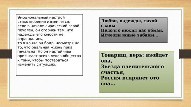 Эмоциональный настрой стихотворения изменяется: если в начале лирический герой печален, он огорчен тем, что надежды его юности не оправдались, то в конце он бодр, несмотря на то, что реальная жизнь пока печальна. Но он настойчиво призывает всех членов общества к тому, чтобы постараться изменить ситуацию.    Любви, надежды, тихой славы  Недолго нежил нас обман,  Исчезли юные забавы…   Товарищ, верь: взойдет она,  Звезда пленительного счастья,  Россия вспрянет ото сна…   