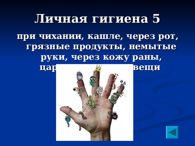 Личная гигиена 5 при чихании, кашле, через рот, грязные продукты, немытые руки, через кожу раны, царапины, чужие вещи  