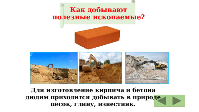 Как добывают  полезные ископаемые? Для изготовление кирпича и бетона людям приходится добывать в природе песок, глину, известняк. 