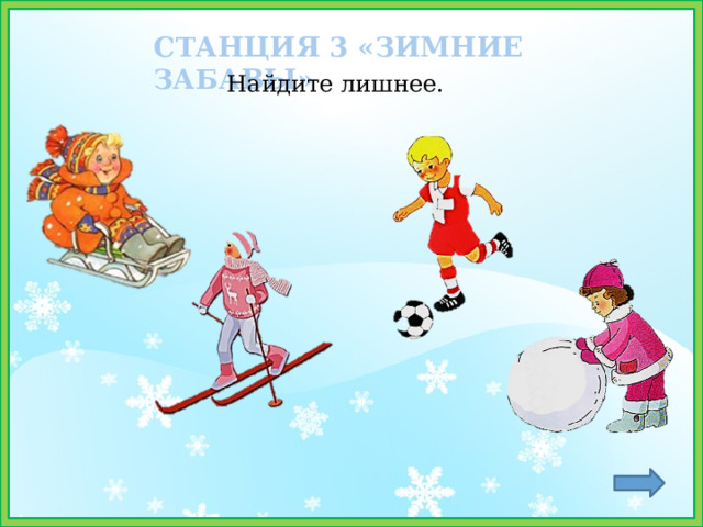 СТАНЦИЯ 3 «ЗИМНИЕ ЗАБАВЫ» Найдите лишнее. 