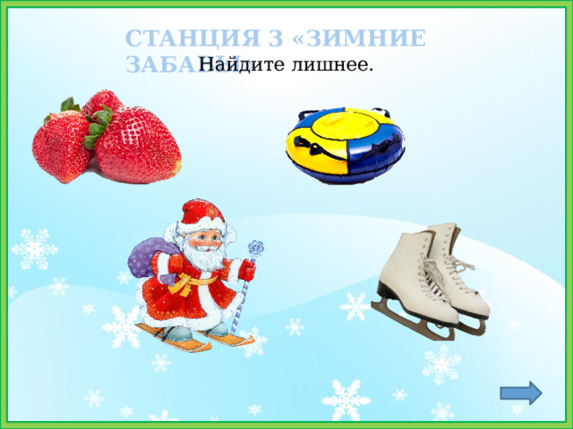 СТАНЦИЯ 3 «ЗИМНИЕ ЗАБАВЫ» Найдите лишнее. 