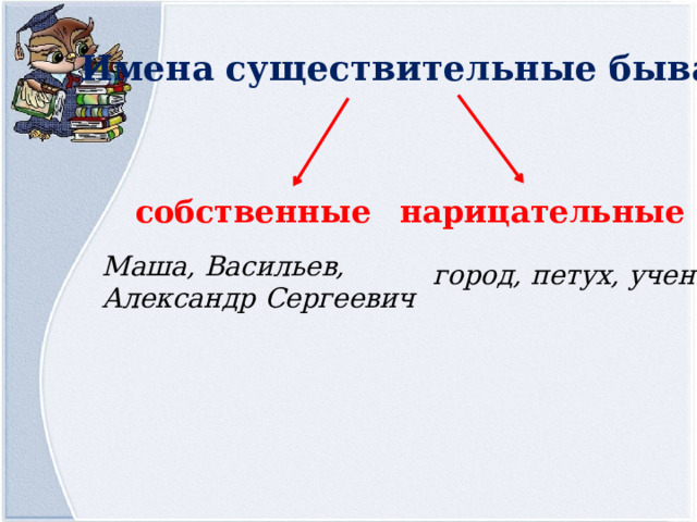 Имена существительные бывают собственные нарицательные Маша, Васильев, Александр Сергеевич город, петух, ученик 