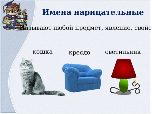 Имена нарицательные Называют любой предмет, явление, свойство. кошка светильник кресло 