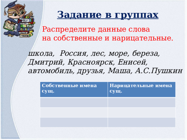 Задание в группах Распределите данные слова на собственные и нарицательные. школа, Россия, лес, море, береза, Дмитрий, Красноярск, Енисей, автомобиль, друзья, Маша, А.С.Пушкин Собственные имена сущ. Нарицательные имена сущ. 