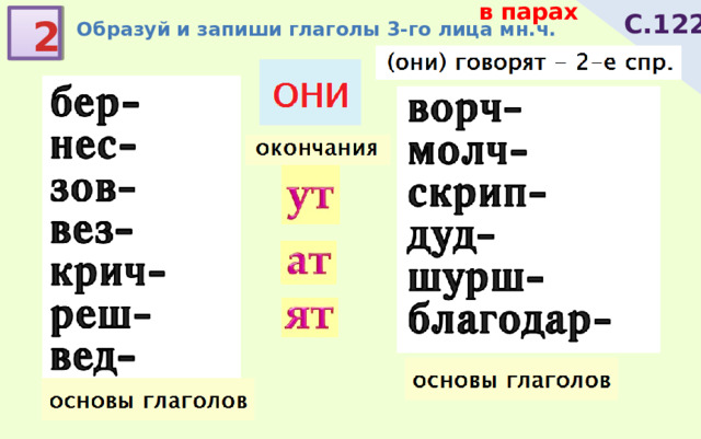 в парах С.122 Образуй и запиши глаголы 3-го лица мн.ч. 2 