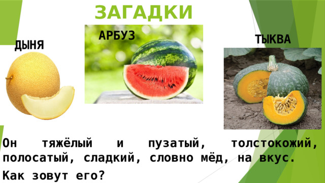 СЪЕДОБНЫЕ ЗАГАДКИ АРБУЗ ТЫКВА ДЫНЯ   Он тяжёлый и пузатый, толстокожий, полосатый, сладкий, словно мёд, на вкус. Как зовут его? 