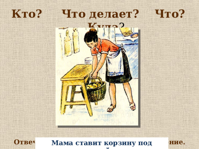 Кто? Что делает? Что? Куда ? Отвечая на вопросы, составь предложение. Мама ставит корзину под скамейку. 