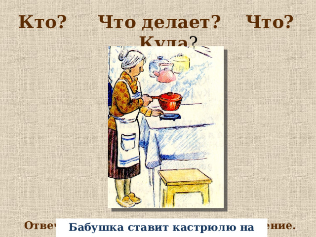 Кто? Что делает? Что? Куда ? Отвечая на вопросы, составь предложение. Бабушка ставит кастрюлю на стол. 