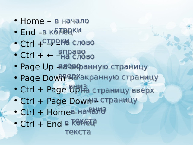 в начало строки Home – End – Ctrl + → – Ctrl + ← – Page Up – Page Down – Ctrl + Page Up – Ctrl + Page Down – Ctrl + Home – Ctrl + End – в конец строки  на слово вправо  на слово влево на экранную страницу вверх на экранную страницу вниз  на страницу вверх на страницу вниз в начало текста в конец текста 