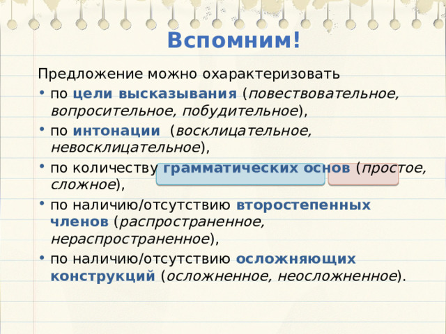 Вспомним! Предложение можно охарактеризовать по цели высказывания ( повествовательное, вопросительное, побудительное ), по интонации ( восклицательное, невосклицательное ), по количеству грамматических основ ( простое, сложное ), по наличию/отсутствию второстепенных членов ( распространенное, нераспространенное ), по наличию/отсутствию осложняющих конструкций ( осложненное, неосложненное ). 