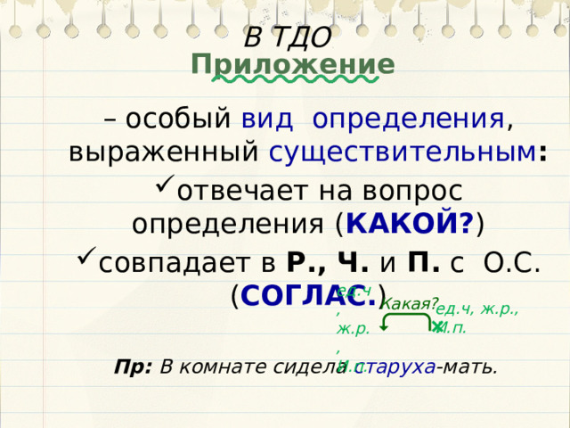 В ТДО Приложение – особый вид определения , выраженный существительным : отвечает на вопрос определения ( КАКОЙ? ) совпадает в Р., Ч. и П. с О.С. ( СОГЛАС. ) Пр: В комнате сидела старуха -мать. ед.ч, ж.р., И.п. Какая? ед.ч, ж.р., И.п.  