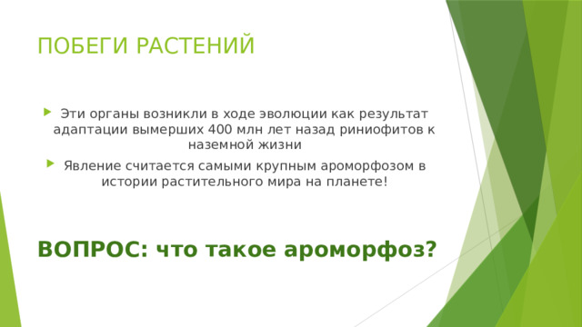 ПОБЕГИ РАСТЕНИЙ Эти органы возникли в ходе эволюции как результат адаптации вымерших 400 млн лет назад риниофитов к наземной жизни Явление считается самыми крупным ароморфозом в истории растительного мира на планете! ВОПРОС: что такое ароморфоз?   