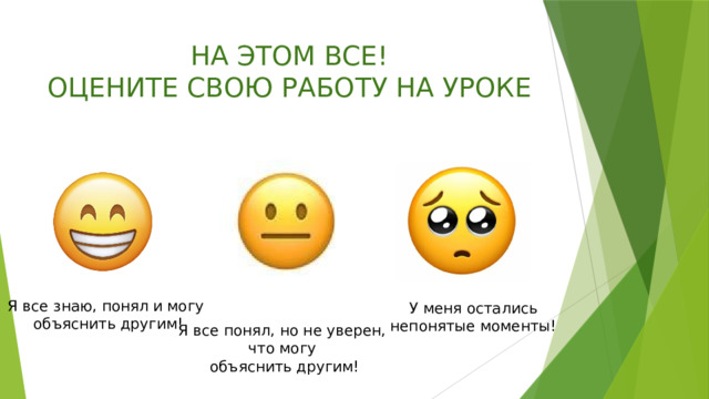 НА ЭТОМ ВСЕ!  ОЦЕНИТЕ СВОЮ РАБОТУ НА УРОКЕ Я все знаю, понял и могу объяснить другим! У меня остались непонятые моменты! Я все понял, но не уверен, что могу объяснить другим! 