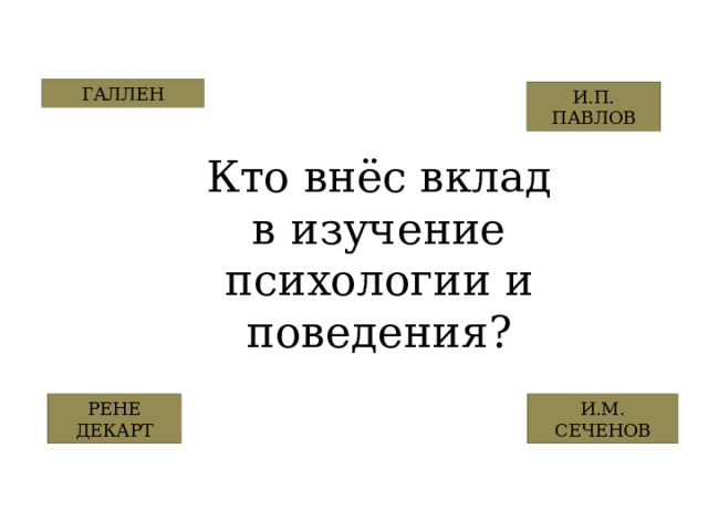 ГАЛЛЕН И.П. ПАВЛОВ Кто внёс вклад в изучение психологии и поведения? РЕНЕ ДЕКАРТ И.М. СЕЧЕНОВ 