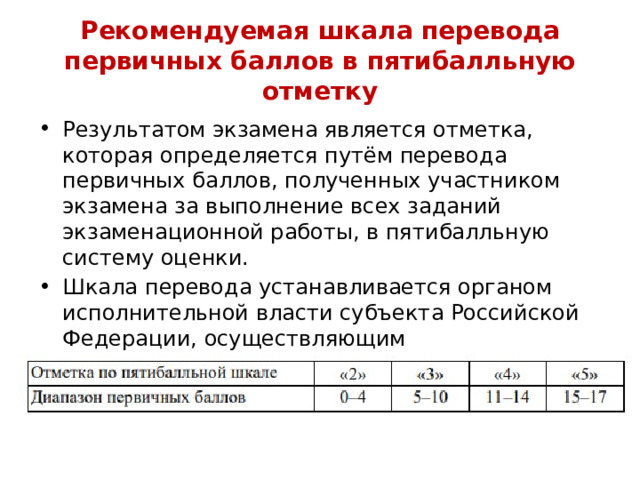 Рекомендуемая шкала перевода первичных баллов в пятибалльную отметку Результатом экзамена является отметка, которая определяется путём перевода первичных баллов, полученных участником экзамена за выполнение всех заданий экзаменационной работы, в пятибалльную систему оценки. Шкала перевода устанавливается органом исполнительной власти субъекта Российской Федерации, осуществляющим государственное управление в сфере образования. 