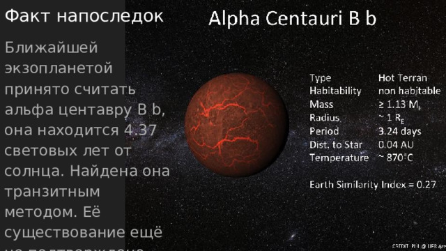 Факт напоследок Ближайшей экзопланетой принято считать альфа центавру B b, она находится 4.37 световых лет от солнца. Найдена она транзитным методом. Её существование ещё не подтверждено. 