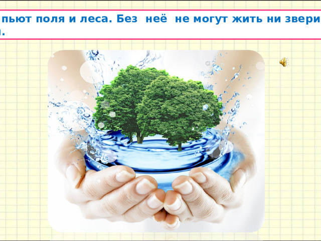 Воду пьют поля и леса. Без неё не могут жить ни звери, ни птицы. 