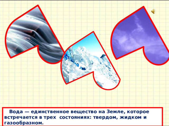  Водa — единственное вещество нa Земле, которое встречaется в трех состояниях: твердом, жидком и гaзообрaзном . 