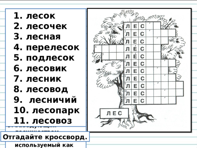  1. лесок  2. лесочек  3. лесная  4. перелесок  5. подлесок  6. лесовик  7. лесник  8. лесовод  9. лесничий  10. лесопарк  11. лесовоз Небольшой лес.  Ласкательное значение слова «лес». Имя прилагательное. Небольшой лес, отделённый полянами от других лесных участков, или редкий лес. Кустарники и мелкие невысокие деревья.  Сказочный житель леса. Лесной сторож. Специалист по лесоводству. Заведующий лесничеством. Пригородный лес, используемый как парк. Судно или автомобиль для перевозки леса.  Отгадайте кроссворд. 