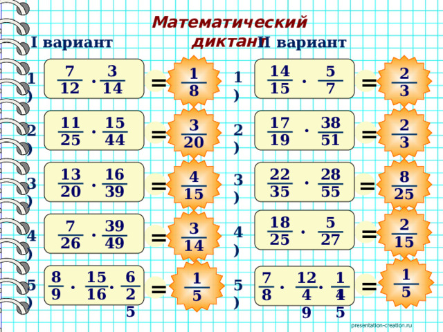 Математический диктант II вариант I вариант 14 7 5 3 1 2 = = 1) 1) · · 12 15 14 7 8 3 11 15 17 38 2 3 = = · 2) · 2) 44 19 25 51 3 20 13 22 28 16 4 8 = = 3) · 3) · 20 35 39 55 15 25 18 5 2 = 7 39 3 = · 4) · 4) 25 27 15 26 49 14 1 8 6 15 14 7 12 = 1 = 5) 5) · · · · 5 9 25 16 15 8 49 5 