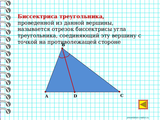 Биссектриса треугольника, проведенной из данной вершины, называется отрезок биссектрисы угла треугольника, соединяющий эту вершину с точкой на противолежащей стороне В      С D А  