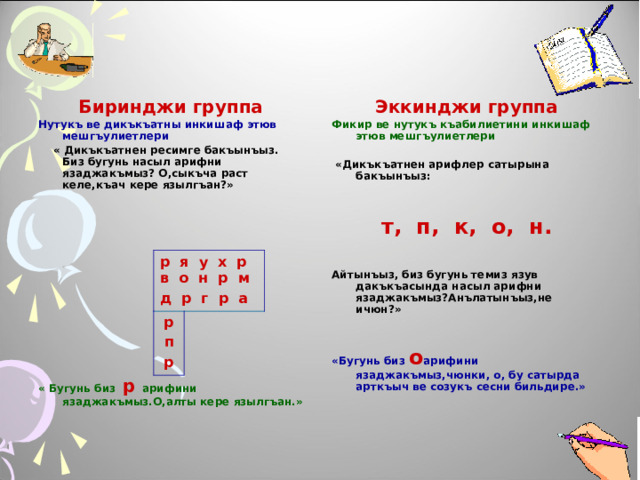 Биринджи группа Эккинджи группа Нутукъ ве дикъкъатны инкишаф этюв мешгъулиетлери Фикир ве нутукъ къабилиетини инкишаф этюв мешгъулиетлери   «Дикъкъатнен арифлер сатырына бакъынъыз:    « Дикъкъатнен ресимге бакъынъыз. Биз бугунь насыл арифни язаджакъмыз? О,сыкъча раст келе,къач кере язылгъан?»  т, п, к, о, н.      Айтынъыз, биз бугунь темиз язув дакъкъасында насыл арифни язаджакъмыз?Анълатынъыз,не ичюн?»        «Бугунь биз о арифини язаджакъмыз,чюнки, о, бу сатырда арткъыч ве созукъ сесни бильдире.»      « Бугунь биз р арифини язаджакъмыз.О,алты кере язылгъан.»    р я у х р в о н р м д р г р а р п р 